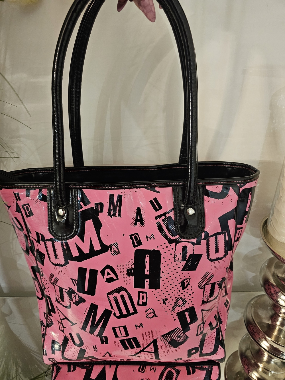 Puma Pink Evercat Royale Graphic Letter Print Tote with Black Trim